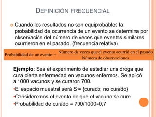 DEFINICIÓN FRECUENCIAL
 Cuando los resultados no son equiprobables la
probabilidad de ocurrencia de un evento se determina por
observación del número de veces que eventos similares
ocurrieron en el pasado. (frecuencia relativa)
Número de veces que el evento ocurrió en el pasado
Probabilidad de un evento =
Número de observaciones
Ejemplo: Sea el experimento de estudiar una droga que
cura cierta enfermedad en vacunos enfermos. Se aplicó
a 1000 vacunos y se curaron 700.
•El espacio muestral será S = {curado; no curado}
•Consideremos el evento de que el vacuno se cure.
•Probabilidad de curado = 700/1000=0,7
 