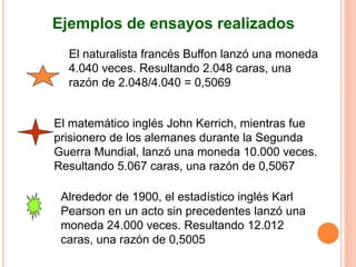 El naturalista francés Buffon lanzó una moneda
4.040 veces. Resultando 2.048 caras, una
razón de 2.048/4.040 = 0,5069
El matemático inglés John Kerrich, mientras fue
prisionero de los alemanes durante la Segunda
Guerra Mundial, lanzó una moneda 10.000 veces.
Resultando 5.067 caras, una razón de 0,5067
Alrededor de 1900, el estadístico inglés Karl
Pearson en un acto sin precedentes lanzó una
moneda 24.000 veces. Resultando 12.012
caras, una razón de 0,5005
Ejemplos de ensayos realizados
 