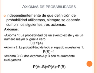 AXIOMAS DE PROBABILIDADES
 Independientemente de que definición de
probabilidad utilicemos, siempre se deberán
cumplir los siguientes tres axiomas.
Axiomas:
•Axioma 1: La probabilidad de un evento existe y es un
número mayor o igual a cero
)
(
0 A
P

•Axioma 2: La probabilidad de todo el espacio muestral es 1.
P(S)=1
•Axioma 3: Si dos eventos A y B son mutuamente
excluyentes
P(AB)=P(A)+P(B)
 