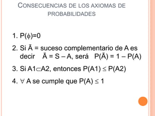 CONSECUENCIAS DE LOS AXIOMAS DE
PROBABILIDADES
1. P()=0
2. Si Ā = suceso complementario de A es
decir Ā = S – A, será P(Ā) = 1 – P(A)
3. Si A1A2, entonces P(A1)  P(A2)
4.  A se cumple que P(A)  1
 