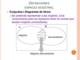 DEFINICIONES
ESPACIO MUESTRAL
 Conjuntos ( Diagramas de Venn)
Se pretende representar a las mujeres, a los
universitarios pero es necesario tener en cuenta que
existen mujeres universitarias.
4-3
A B
mujeres
universitarios
Mujeres universitarias
 