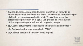 • Gráfico de línea: Los gráficos de líneas muestran un conjunto de
puntos conectados mediante una línea. Los valores se representan por
el alto de los puntos con relación al eje Y. Las etiquetas de las
categorías se presentan en el eje X. Los gráficos de líneas suelen
utilizarse para comparar valores a lo largo del tiempo.
• a) ¿Cuál es actualmente la cantidad de habitantes en el mundo?
• b) ¿Qué cantidad se espera en el año 2020?
• c) ¿Cuántas personas habitamos nuestro país?
 