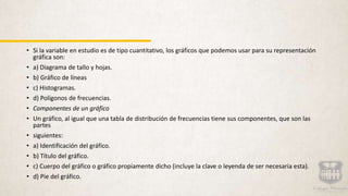 • Si la variable en estudio es de tipo cuantitativo, los gráficos que podemos usar para su representación
gráfica son:
• a) Diagrama de tallo y hojas.
• b) Gráfico de líneas
• c) Histogramas.
• d) Polígonos de frecuencias.
• Componentes de un gráfico
• Un gráfico, al igual que una tabla de distribución de frecuencias tiene sus componentes, que son las
partes
• siguientes:
• a) Identificación del gráfico.
• b) Título del gráfico.
• c) Cuerpo del gráfico o gráfico propiamente dicho (incluye la clave o leyenda de ser necesaria esta).
• d) Pie del gráfico.
 