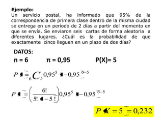 Ejemplo:
Un servicio postal, ha informado que 95% de la
correspondencia de primera clase dentro de la misma ciudad
se entrega en un período de 2 días a partir del momento en
que se envía. Se enviaron seis cartas de forma aleatoria a
diferentes lugares. ¿Cuál es la probabilidad de que
exactamente cinco lleguen en un plazo de dos días?

 DATOS:
 n=6                π = 0,95            P(X)= 5
P5         C       0,955 1 0,95 6   5
       6       5


               6!                       6 5
P5                  0,955 1 0,95
           5! 6 5 !

                                        P X       5   0,232
 