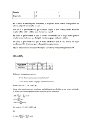 Regular                          10                               15

Esporádico                       20                               155



En el marco de una campaña publicitaria, el mayorista decide sortear un viaje entre sus
clientes eligiendo uno de ellos al azar.

a)¿Cuál es la probabilidad de que el cliente elegido al azar realice pedidos de forma
regular o bien utilice créditos para efectuar sus pagos?

b)Calcule la probabilidad de que el cliente afortunando con el viaje realice pedidos
regularmente si sabemos que el elegido efectúa sus pagos mediante créditos.

c)Calcule la probabilidad de que el cliente afortunado con el viaje realice los pagos
mediante crédito si sabemos que realiza pedidos regularmente.

d)¿Son independientes los sucesos “comprar a crédito” y “comprar regularmente”?



SOLUCIÓN:




Definimos los siguientes sucesos

        R=”un cliente realiza pedidos regularmente”

        C=”un cliente efectúa los pagos mendiante créditos”

a)P(R ∪ C)=P(R) + P(C)-P(R ∩ C)

Como todos los clients tienen las mismas posibilidades de ser elegidos en este sorteo, utilizando
la definición clásica de probabilidad o regla de Laplace, tendremos:




Por tanto, 0.125+0.85+0.075=0.9

b)
 
