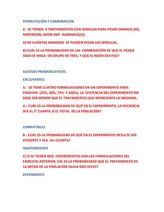 PERMUTACIÓN Y COMBINACIÓN
2.- SE TIENEN 4 TRATAMIENTOS CON SEMILLAS PARA PESAR {MANGO (M),
NISPERO(N), NEEM (N)Y ALBAHACA(A)}
A) DE CUÁNTAS MANERAS SE PUEDEN PESAR LAS SEMILLAS,
B) CUAL ES LA PROBABILIDAD DE LAS COMBINACIÓN DE QUE EL PESAJE
SOLO SE HAGA EN GRUPO DE TRES, Y QUE EL NEEM SEA FIJO?
SUCESOS PROBABILISTICOS:
EXCLUYENTES
3.- SE TIENE CUATRO FORMULACIONES EN UN EXPERIMENTO PARA
ENSAYAR: {25%, 50%, 75% Y 100%}. LA EFICIENCIA DEL EXPERIMENTO NO
DEBE SER MENOR QUE EL TRATAMIENTO QUE REPRESENTA LA MEDIANA.
A.- CUÁL ES LA PROBABILIDAD DE QUÉ EN EL EXPERIMENTO, LA EFICIENCIA
SEA EL 2° CUARTIL O EL TOTAL DE LA POBLACIÓN?
COMPATIBLES
B.- CUÁL ES LA PROBABILIDAD DE QUÉ EN EL EXPERIMENTO RESULTE SER
EFICIENTE Y SEA 3er CUARTIL?
INDEPENDIENTE
C) SI SE TIENEN DOS EXPERIMENTOS CON LAS FORMULACIONES DEL
EJERCICIO ANTERIOR, CÁL ES LA PROBABILIDAD QUE EL TRATAMIENTO DE
LA MITAD DE LA POBLACIÓN SALGA DOS VECES?
DEPENDIENTE
 