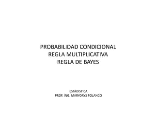 PROBABILIDAD CONDICIONAL
REGLA MULTIPLICATIVA
REGLA DE BAYES
ESTADISTICA
PROF. ING. MARYORYS POLANCO
 