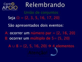 União de conjuntos
 Seja Ω = {2, 3, 5, 16, 17, 20}

 São apresentados dois eventos:

A: ocorrer um número par = {2, 16, 20}
B: ocorrer um múltiplo de 5= {5, 20}

 A ∪ B = {2, 5, 16, 20}  4 elementos
            Atenção!
 