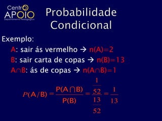 Exemplo:
  A: sair ás vermelho  n(A)=2
  B: sair carta de copas  n(B)=13
  A∩B: ás de copas  n(A∩B)=1
                          1
               P(A  B)   52   1
     P (A/B)
                P(B)      13   13
                          52
 