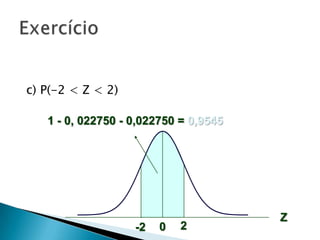c) P(-2 < Z < 2)
1 - 0, 022750 - 0,022750 = 0,9545

-2

0

2

Z

 