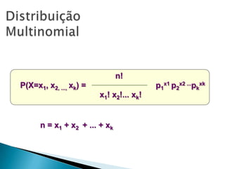 n!
p1x1 p2x2 ...pkxk

P(X=x1, x2, ..., xk) =
x1! x2!... xk!

n = x1 + x2 + ... + xk

 