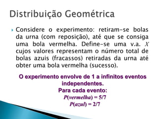 

Considere o experimento: retiram-se bolas
da urna (com reposição), até que se consiga
uma bola vermelha. Define-se uma v.a. X
cujos valores representam o número total de
bolas azuis (fracassos) retiradas da urna até
obter uma bola vermelha (sucesso).
O experimento envolve de 1 a infinitos eventos
independentes.
Para cada evento:
P(vermelha) = 5/7
P(azul) = 2/7

 