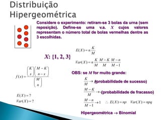 Considere o experimento: retiram-se 3 bolas da urna (sem
reposição). Define-se uma v.a. X cujos valores
representam o número total de bolas vermelhas dentre as
3 escolhidas.
E( X )  n

X: {1, 2, 3}
 K  M  K 
 x  n  x 

f ( x)    
M 
n
 
E( X )  ?
Var ( X )  ?

K
M

Var ( X )  n

K M K M n
M M M 1

OBS: se M for muito grande:
K
p
(probabilidade de sucesso)
M
M K
q
(probabilidade de fracasso)
M
M n
 1  E ( X )  np Var( X )  npq
M 1
Hipergeométrica  Binomial

 