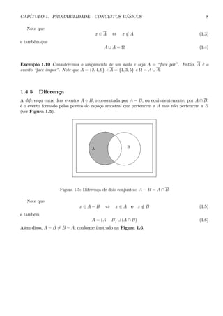 CAPÍTULO 1. PROBABILIDADE - CONCEITOS BÁSICOS 8 
Note que 
x ∈ A ⇔ x / ∈ A (1.3) 
e também que 
A ∪ A = Ω (1.4) 
Exemplo 1.10 Consideremos o lançamento de um dado e seja A = “face par”. Então, A é o 
evento “face ímpar”. Note que A = {2, 4, 6} e A = {1, 3, 5} e Ω = A ∪ A. 
1.4.5 Diferença 
A diferença entre dois eventos A e B, representada por A − B, ou equivalentemente, por A ∩ B, 
é o evento formado pelos pontos do espaço amostral que pertencem a A mas não pertencem a B 
(ver Figura 1.5). 
Figura 1.5: Diferença de dois conjuntos: A − B = A ∩ B 
Note que 
x ∈ A − B ⇔ x ∈ A e x / ∈ B (1.5) 
e também 
A = (A − B) ∪ (A ∩ B) (1.6) 
Além disso, A − B6= B − A, conforme ilustrado na Figura 1.6. 
 