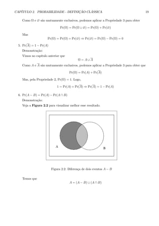CAPÍTULO 2. PROBABILIDADE - DEFINIÇÃO CLÁSSICA 19 
Como Ω e ∅ são mutuamente exclusivos, podemos aplicar a Propriedade 3 para obter 
Pr(Ω) = Pr(Ω ∪ ∅) = Pr(Ω) + Pr(∅) 
Mas 
Pr(Ω) = Pr(Ω) + Pr(∅) ⇒ Pr(∅) = Pr(Ω) − Pr(Ω) = 0 
5. Pr(A) = 1 − Pr(A) 
Demonstração: 
Vimos no capítulo anterior que 
Ω = A ∪ A 
Como A e A são mutuamente exclusivos, podemos aplicar a Propriedade 3 para obter que 
Pr(Ω) = Pr(A) + Pr(A) 
Mas, pela Propriedade 2, Pr(Ω) = 1. Logo, 
1 = Pr(A) + Pr(A) ⇒ Pr(A) = 1 − Pr(A) 
6. Pr(A − B) = Pr(A) − Pr(A ∩ B) 
Demonstração: 
Veja a Figura 2.2 para visualizar melhor esse resultado. 
Figura 2.2: Diferença de dois eventos A − B 
Temos que 
A = (A − B) ∪ (A ∩ B) 
 
