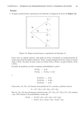 CAPÍTULO 4. TEOREMA DA PROBABILIDADE TOTAL E TEOREMA DE BAYES 63 
Solução: 
1. O espaço amostral desse experimento está ilustrado no diagrama de árvore da Figura 4.2. 
Figura 4.2: Espaço amostral para o experimento do Exemplo 4.2 
Como visto no capítulo anterior, cada galho da árvore corresponde ao condicionamento do 
evento aos eventos dos galhos anteriores. Assim, na parte superior da árvore, temos os eventos 
D|M1 e D|M1. Na parte do meio, temos os eventos D|M2 e D|M2 e na parte inferior, D|M3 
e D|M3. 
Os dados do problema nos dão as seguintes probabilidades a priori: 
Pr(M1) = 0, 30 
Pr(M2) = Pr(M3) = 0, 35 
e 
Pr(D|M1) = 0, 05 
Pr(D|M2) = 0, 025 
Pr(D|M3) = 0, 02 
Como antes, M1, M2 e M3 formam uma partição de Ω e, portanto, podemos escrever 
D = (D ∩ M1) ∪ (D ∩ M2) ∪ (D ∩ M3) 
Mas M1, M2 e M3 são mutuamente exclusivos; logo, (D ∩ M1), (D ∩ M2) e (D ∩ M3) também 
o são. Pelo Axioma 3 da probabilidade, resulta que 
Pr(D) = Pr[(D ∩ M1) ∪ (D ∩ M2) ∪ (D ∩ M3)] 
= Pr(D ∩ M1) + Pr(D ∩ M2) + Pr(D ∩ M3) 
 