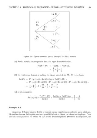 CAPÍTULO 4. TEOREMA DA PROBABILIDADE TOTAL E TEOREMA DE BAYES 68 
Figura 4.4: Espaço amostral para o Exemplo 4.4 das 3 moedas 
(a) Aqui a solução é conseqüência direta da regra de multiplicação: 
Pr (K ∩ M1) = Pr(M1) × Pr (K|M1) 
= 
1 
3 × 
1 
2 
= 
1 
6 
(b) Os eventos que formam a partição do espaço amostral são M1, M2 e M3. Logo, 
Pr (K) = Pr(K ∩ M1) + Pr (K ∩ M2) + Pr (K ∩ M3) = 
= Pr(M1) × Pr (K|M1) + Pr (M2) × Pr (K|M2) +Pr (M3) × Pr (K|M3) = 
= 
1 
3 × 
μ 
1 
2 
+1+ 
2 
3 
¶ 
= 
1 
3 × 
13 
6 
= 
13 
18 
(c) O problema pede 
Pr (M1|K) = 
Pr (K ∩ M1) 
Pr (K) 
= 
Pr (M1) × Pr (K|M1) 
Pr (K) 
= 
1 
6 
13 
18 
= 
3 
13 
Exemplo 4.5 
Um gerente de banco tem que decidir se concede ou não empréstimo aos clientes que o solicitam. 
Ele analisa diversos dados para estudar a possibilidade de o cliente vir a ficar inadimplente. Com 
base em dados passados, ele estima em 15% a taxa de inadimplência. Dentre os inadimplentes, ele 
 