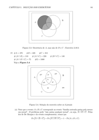 CAPÍTULO 5. SOLUÇÃO DOS EXERCÍCIOS 84 
Figura 5.3: Ocorrência de A, mas não de B e C - Exercício 2.16-b 
17. #A = 470 #B = 420 #C = 315 
#(A ∩ B) = 110 #(A ∩ C) = 220 #(B ∩ C) = 140 
#(A ∩ B ∩ C) = 75 #Ω = 1000 
Veja a Figura 5.4 
Figura 5.4: Solução do exercício sobre os 3 jornais 
(a) Note que o evento A ∪ B ∪ C corresponde ao evento “família sorteada assina pelo menos 
um jornal”. O problema pede “não assina qualquer jornal”, ou seja, A ∩ B ∩ C. Pelas 
leis de De Morgan e do evento complementar, temos que 
Pr 
¡ 
A ∩ B ∩ C 
¢ 
= Pr 
¡ 
A ∪ B ∪ C 
¢ 
= 1− Pr(A ∪ B ∪ C) 
 