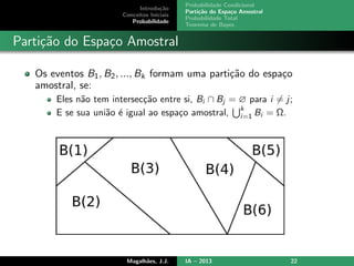 Introdu¸c˜ao
Conceitos Iniciais
Probabilidade
Probabilidade Condicional
Parti¸c˜ao do Espa¸co Amostral
Probabilidade Total
Teorema de Bayes
Parti¸c˜ao do Espa¸co Amostral
Os eventos B1, B2, ..., Bk formam uma parti¸c˜ao do espa¸co
amostral, se:
Eles n˜ao tem intersec¸c˜ao entre si, Bi ∩ Bj = ∅ para i = j;
E se sua uni˜ao ´e igual ao espa¸co amostral,
k
i=1 Bi = Ω.
Magalh˜aes, J.J. IA – 2013 22
 