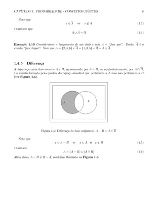 CAPÍTULO 1. PROBABILIDADE - CONCEITOS BÁSICOS 8
Note que
x ∈ A ⇔ x /
∈ A (1.3)
e também que
A ∪ A = Ω (1.4)
Exemplo 1.10 Consideremos o lançamento de um dado e seja A = “face par”. Então, A é o
evento “face ímpar”. Note que A = {2, 4, 6} e A = {1, 3, 5} e Ω = A ∪ A.
1.4.5 Diferença
A diferença entre dois eventos A e B, representada por A − B, ou equivalentemente, por A ∩ B,
é o evento formado pelos pontos do espaço amostral que pertencem a A mas não pertencem a B
(ver Figura 1.5).
Figura 1.5: Diferença de dois conjuntos: A − B = A ∩ B
Note que
x ∈ A − B ⇔ x ∈ A e x /
∈ B (1.5)
e também
A = (A − B) ∪ (A ∩ B) (1.6)
Além disso, A − B 6= B − A, conforme ilustrado na Figura 1.6.
 
