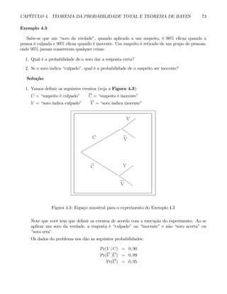 CAPÍTULO 4. TEOREMA DA PROBABILIDADE TOTAL E TEOREMA DE BAYES 73
Exemplo 4.3
Sabe-se que um “soro da verdade”, quando aplicado a um suspeito, é 90% eficaz quando a
pessoa é culpada e 99% eficaz quando é inocente. Um suspeito é retirado de um grupo de pessoas,
onde 95% jamais cometeram qualquer crime.
1. Qual é a probabilidade de o soro dar a resposta certa?
2. Se o soro indica “culpado”, qual é a probabilidade de o suspeito ser inocente?
Solução:
1. Vamos definir os seguintes eventos (veja a Figura 4.3):
C = “suspeito é culpado” C = “suspeito é inocente”
V = “soro indica culpado” V = “soro indica inocente”
Figura 4.3: Espaço amostral para o experimento do Exemplo 4.3
Note que você tem que definir os eventos de acordo com a execução do experimento. Ao se
aplicar um soro da verdade, a resposta é “culpado” ou “inocente” e não “soro acerta” ou
“soro erra”.
Os dados do problema nos dão as seguintes probabilidades:
Pr(V | C) = 0, 90
Pr(V |C) = 0, 99
Pr(C) = 0, 95
 