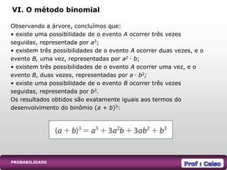 PROBABILIDADE
Observando a árvore, concluímos que:
• existe uma possibilidade de o evento A ocorrer três vezes
seguidas, representada por a3;
• existem três possibilidades de o evento A ocorrer duas vezes, e o
evento B, uma vez, representadas por a2 . b;
• existem três possibilidades de o evento A ocorrer uma vez, e o
evento B, duas vezes, representadas por a . b2;
• existe uma possibilidade de o evento B ocorrer três vezes
seguidas, representada por b3.
Os resultados obtidos são exatamente iguais aos termos do
desenvolvimento do binômio (a + b)3:
VI. O método binomial
 