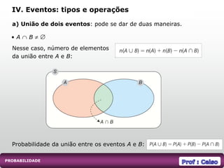 a) União de dois eventos: pode se dar de duas maneiras.
Nesse caso, número de elementos
da união entre A e B:
IV. Eventos: tipos e operações
Probabilidade da união entre os eventos A e B:
PROBABILIDADE
• A  B  
 