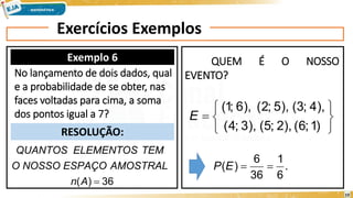 Exercícios Exemplos
Exemplo 6
RESOLUÇÃO:
No lançamento de dois dados, qual
e a probabilidade de se obter, nas
faces voltadas para cima, a soma
dos pontos igual a 7?
QUEM É O NOSSO
EVENTO?







)
1
;
6
(
),
2
;
5
(
),
3
;
4
(
),
4
;
3
(
),
5
;
2
(
),
6
;
1
(
E
.
6
1
36
6
)
( 

E
P
36
)
( 
A
n
AMOSTRAL
ESPAÇO
NOSSO
O
TEM
ELEMENTOS
QUANTOS
10
 