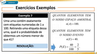 Exercícios Exemplos
Exemplo 7
RESOLUÇÃO:
Uma urna contém exatamente
cem etiquetas numeradas de 1 a
100. Retirando uma etiqueta dessa
urna, qual é a probabilidade de
obtermos um número menor do
que 41?
.
5
2
100
40
)
( 

E
P
.
100
)
( 
A
n
AMOSTRAL
ESPAÇO
NOSSO
O
TEM
ELEMENTOS
QUANTOS
.
40
)
( 
E
n
EVENTO
NOSSO
O
TEM
ELEMENTOS
QUANTOS
11
 