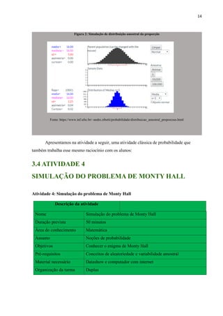 14
Figura 2: Simulação de distribuição amostral da proporção
Fonte: https://www.inf.ufsc.br/~andre.zibetti/probabilidade/distribuicao_amostral_proporcoes.html
Apresentamos na atividade a seguir, uma atividade clássica de probabilidade que
também trabalha esse mesmo raciocínio com os alunos:
3.4 ATIVIDADE 4
SIMULAÇÃO DO PROBLEMA DE MONTY HALL
Atividade 4: Simulação do problema de Monty Hall
Descrição da atividade
Nome Simulação do problema de Monty Hall
Duração prevista 50 minutos
Área do conhecimento Matemática
Assunto Noções de probabilidade
Objetivos Conhecer o enigma de Monty Hall
Pré-requisitos Conceitos de aleatoriedade e variabilidade amostral
Material necessário Datashow e computador com internet
Organização da turma Duplas
 