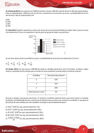 PROBABILIDADE
7
16. (Unicamp 2011) Uma empresa tem 5000 funcionários. Desses, 48% têm mais de 30 anos e 36% são especializados.
Entre os especializados, 1400 têm mais de 30 anos. Escolhendo um funcionário ao acaso, a probabilidade de ele ter
até 30 anos e não ser especializado é de
a) 8%
b) 32%
c) 36%
d) 44%
17. (Ifsp 2011) O gráfico representa o número de alunos de uma escola distribuídos por idade. Sabe-se que os alunos
com exatamente 15 anos correspondem à quinta parte do grupo de idade a que pertence.
Se um aluno dessa escola é escolhido ao acaso, a probabilidade de esse aluno ter exatamente 15 anos é
a)
2
.
5
b)
4
.
15
c)
2
.
9
d)
9
.
50
e)
2
.
45
18. (Insper 2011) Um país possui 1.000.000 de eleitores, divididos igualmente entre 10 estados. A tabela a seguir
mostra o resultado final da votação para a escolha do novo presidente, quando todos os eleitores votaram.
Candidato Percentual dos eleitores
X 52%
Y 25%
Z 20%
Votos brancos e nulos 3%
Durante a votação, uma pessoa entrevistou 10 eleitores, escolhidos aleatoriamente, para tentar prever o resultado
da eleição. A probabilidade de que o percentual de eleitores dessa amostra que votaram no candidato Z seja igual ao
percentual de votos obtidos por esse candidato na eleição é aproximadamente igual a
a) 2 8
(0,2) (0,8)
⋅ (ou seja, aproximadamente 1%).
b) 2 8
(0,2) (0,8)
+ (ou seja, aproximadamente 20%).
c) 2 8
45 (0,2) (0,8)
⋅ ⋅ (ou seja, aproximadamente 30%).
d) 2 8
90 (0,2) (0,8)
⋅ ⋅ (ou seja, aproximadamente 60%).
e)
2 (0,2) 8 (0,8)
10
⋅ + ⋅
(ou seja, aproximadamente 68%).
 