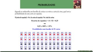 PROBABILIDADES
Quando se embaralha um baralho de cartas e se retira a carta de cima, qual será a
probabilidade de esta carta ser espadas.
P(cartasde espadas)= No. de cartasde espadas/ No. totalde cartas
P(cartas de espadas) = 13 / 52 = 0,25
ou
0,25 x 100% = 25%
 