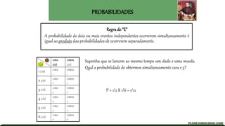 PROBABILIDADES
Suponha que se lancem ao mesmo tempo um dado e uma moeda.
Qual a probabilidade de obtermos simultaneamente cara e 5?
P = 1/2 X 1/6 = 1/12
Regra do “E”
A probabilidade de dois ou mais eventos independentes ocorrerem simultaneamente é
igual ao produto das probabilidades de ocorrerem separadamente.
CARA
(1/2)
COROA
(1/2)
1 (1/6)
CARA
1
COROA
1
2 (1/6)
CARA
2
COROA
2
3 (1/6)
CARA
3
COROA
3
4 (1/6)
CARA
4
COROA
4
5 (1/6)
CARA
5
COROA
5
6 (1/6)
CARA
6
COROA
6
 