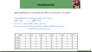 PROBABILIDADES
Qual a probabilidade de, numa família com 5 filhos, 4 serem homens e 1 ser mulher?
A probabilidade de ser menino ou menina é de 1/2 (50%)
P♂= 1/2 q♀= 1/2
(p + q)5= p5 + 5p4q + 10p3q2 + 10p2q3 + 5pq4 + q5
O termo que interessa é 5p4q (4 meninos, 1 menina). Substituindo, teremos:
P= 5x(1/2)4x1/2= 5x1/16x1/2= 5/32
MODO 1º FILHO 2º FILHO 3º FILHO 4º FILHO 5º FILHO
1º MODO ♂ ♂ ♂ ♂ ♀
2º MODO ♂ ♂ ♂ ♀ ♂
3º MODO ♂ ♂ ♀ ♂ ♂
4º MODO ♂ ♀ ♂ ♂ ♂
5º MODO ♀ ♂ ♂ ♂ ♂
 