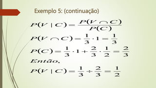 Exemplo 5: (continuação)
   
 
 
 
 
2
1
3
2
3
1
|
,
3
2
2
1
3
2
1
3
1
3
1
1
3
1
|














C
V
P
Então
C
P
C
V
P
C
P
C
V
P
C
V
P
 