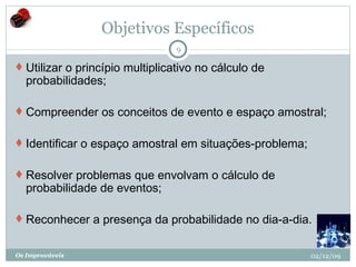 Objetivos Específicos Utilizar o princípio multiplicativo no cálculo de probabilidades; Compreender os conceitos de evento e espaço amostral; Identificar o espaço amostral em situações-problema; Resolver problemas que envolvam o cálculo de probabilidade de eventos; Reconhecer a presença da probabilidade no dia-a-dia. 02/12/09 Os Improváveis 