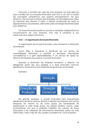 Contudo, o conteito de valor de uma empresa vai mais além do 
que a análise da sua situação financeira, pois tem a ver com a noção 
da vantagem compet it iva, que assenta principalmente, nos seus 
produtos, nos recursos humanos que emprega, na tecnologia que ut iliza, 
no mercado que domina. É assim, o esforço combinado de todos os 
departamentos da empresa, orientados pela est ratégia imprimida pelos 
seus dirigentes. 
Ter fluxos financeiros posit ivos (lucros) é condição indispensável ao 
funcionamento de uma empresa, mas não é suficiente à sua 
sobrevivência e desenvolvimento. 
24 
VI.5.1 – A organização da função financeira 
A organização da função financeira varia consoante a dimensão 
da empresa. 
Numa PME, é frequente a existência de um serviço de 
conatbilidade dest inado a recolher e processar informações 
contabilíst icas e a gerir disponibilidades. É um serviço de apoio ao 
director da empresa que exerce a função financeira. 
Quando a dimensão da empresa aumenta, o director vai 
delegando parte dos seus poderes e a área financeira torna-se, 
geralmente ,autónoma e com importância igual à de out ras áreas. 
Exemplo: 
Direcção 
Direcção de 
Produção 
Direcção 
Comercial 
Direcção 
Financeira 
Na grande empresa, a função financeira está enquadrada 
geralmente de forma diversa, devido à relação da empresa com out ras 
empresas do mesmo ou de out ro grupo, da necessidade de 
planificação a mais longo prazo, do próprio âmbito, muitas vezes 
mult inacional, em que a empresa t rabalha, do volume de fluxos 
financeiros e da ut ilização de inst rumentos financeiros cada vez mais 
sofist icados. Assim, hoje em dia, podem considerar-se numa empresa: 
 