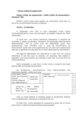 33 
- Tempo médio de pagamento 
Tempo médio de pagamento = Saldo médio de fornecedores / 
Compras * 365 
Existem muitos rácios que podem ser calculados. Estes são, no 
entanto, os mais frequentemente ut ilizados. 
VI.5.2.2 – O Cash flow 
A expressão cash flow é uma expressão muito usada 
int ernacionalment e e que, em port uguês, se poderá t raduzir em “fluxo 
de liquidez”. 
O Cash flow em termos dinâmicos representa a corrente de 
ent radas e saídas de dinheiro, resultante de operações directamente 
relaccionadas, não só como ciclo de exploração (cash flow 
operacional), mas também com o ciclo de invest imento ou 
financimento (cash flow ext ra-operacional). Um cash flow operacional 
elevado é geralmente indicador de um bom desempenho da empresa. 
Há alguma dificuldade em reconst ituir o cash flow em termos 
dinâmicos. É por isso que se arranjou um processo mais rápido e 
expedito, mas menos preciso, de calcular o cash flow. É o cash flow em 
termos estát icos. 
Nesta acepção, o cash flow é visto como o conjunto de meios 
libertos pela act ividade da empresa. 
Se analisarmos, sintet icamente uma Demonst ração dos 
Resultados Líquidos, verificamos que: 
Custo Merc. Vend. 
Forne. Sev. Externos 
Impstos 
Custos c/Pessoal 
Imp. s/Rendimento 
Vendas 
Prest . Serviços 
Amort . Ex. 
Prov. Ex. 
Result . Líq. 
Saídas da 
tesouraria 
S 
a 
í 
d 
a 
s 
Com os meios libertos, a empresa paga os dividendos, adquire 
novas imobilizações, reembolsa os emprést imos, ect . 
O Cash flow, nesta perspect iva, calcula-se a part ir de um único 
documento: a Demonst ração de Resultados Líquidos. 
Entradas na tesouraria E 
n 
t 
r 
a 
d 
a 
s 
Não origina 
movimentos 
de tesouraria 
 