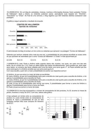 10) (ENEM-2012) Em um blog de variedades, músicas, mantras e informações diversas, foram postados “Contos
de Halloween”. Após a leitura, os visitantes poderiam opinar, assinalando suas reações em: “Divertido”,
“Assustador” ou “Chato”. Ao final de uma semana, o blog registrou que 500 visitantes distintos acessaram esta
postagem.
O gráfico a seguir apresenta o resultado da enquete.
O administrador do blog irá sortear um livro entre os visitantes que opinaram na postagem “Contos de Halloween”.
Sabendo que nenhum visitante votou mais de uma vez, a probabilidade de uma pessoa escolhida ao acaso entre
as que opinaram ter assinalado que o conto “Contos de Halloween” é “Chato” é mais aproximada por
A) 0,09. B) 0,12. C) 0,14. D) 0,15. E) 0,18.
11)(ENEM-2012) José, Paulo e Antônio estão jogando dados não viciados, nos quais, em cada uma das seis
faces, há um número de 1 a 6. Cada um deles jogará dois dados simultaneamente. José acredita que, após jogar
seus dados, os números das faces voltadas para cima lhe darão uma soma igual a 7. Já Paulo acredita que sua
soma será igual a 4 e Antônio acredita que sua soma será igual a 8.
Com essa escolha, quem tem a maior probabilidade de acertar sua respectiva soma é
A) Antônio, já que sua soma é a maior de todas as escolhidas.
B) José e Antônio, já que há 6 possibilidades tanto para a escolha de José quanto para a escolha de Antônio, e há
apenas 4 possibilidades para a escolha de Paulo.
C) José e Antônio, já que há 3 possibilidades tanto para a escolha de José quanto para a escolha de Antônio, e há
apenas 2 possibilidades para a escolha de Paulo.
D) José, já que há 6 possibilidades para formar sua soma, 5 possibilidades para formar a soma de Antônio e
apenas 3 possibilidades para formar a soma de Paulo.
E) Paulo, já que sua soma é a menor de todas.
12) (ENEM-2013) Uma loja acompanhou o número de compradores de dois produtos, A e B, durante os meses de
janeiro, fevereiro e março de 2012. Com isso, obteve este gráfico:
A loja sorteará um brinde entre os compradores do
produto A e outro brinde entre os compradores do
produto B. Qual a probabilidade de que os dois
sorteados tenham feito suas compras em fevereiro
de 2012?
A)
20
1
B)
242
3
C)
22
5
D)
25
6
E)
15
7
 
