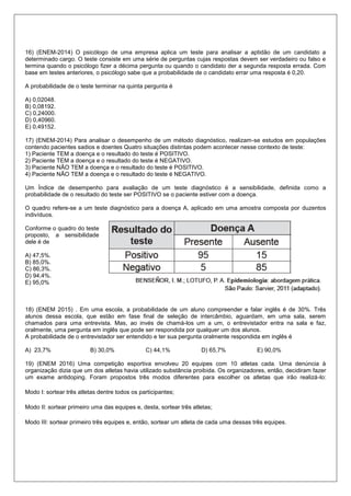 16) (ENEM-2014) O psicólogo de uma empresa aplica um teste para analisar a aptidão de um candidato a
determinado cargo. O teste consiste em uma série de perguntas cujas respostas devem ser verdadeiro ou falso e
termina quando o psicólogo fizer a décima pergunta ou quando o candidato der a segunda resposta errada. Com
base em testes anteriores, o psicólogo sabe que a probabilidade de o candidato errar uma resposta é 0,20.
A probabilidade de o teste terminar na quinta pergunta é
A) 0,02048.
B) 0,08192.
C) 0,24000.
D) 0,40960.
E) 0,49152.
17) (ENEM-2014) Para analisar o desempenho de um método diagnóstico, realizam-se estudos em populações
contendo pacientes sadios e doentes Quatro situações distintas podem acontecer nesse contexto de teste:
1) Paciente TEM a doença e o resultado do teste é POSITIVO.
2) Paciente TEM a doença e o resultado do teste é NEGATIVO.
3) Paciente NÃO TEM a doença e o resultado do teste é POSITIVO.
4) Paciente NÃO TEM a doença e o resultado do teste é NEGATIVO.
Um Índice de desempenho para avaliação de um teste diagnóstico é a sensibilidade, definida como a
probabilidade de o resultado do teste ser POSITIVO se o paciente estiver com a doença.
O quadro refere-se a um teste diagnóstico para a doença A, aplicado em uma amostra composta por duzentos
indivíduos.
Conforme o quadro do teste
proposto, a sensibilidade
dele é de
A) 47,5%.
B) 85,0%.
C) 86,3%.
D) 94,4%.
E) 95,0%
18) (ENEM 2015) . Em uma escola, a probabilidade de um aluno compreender e falar inglês é de 30%. Três
alunos dessa escola, que estão em fase final de seleção de intercâmbio, aguardam, em uma sala, serem
chamados para uma entrevista. Mas, ao invés de chamá-los um a um, o entrevistador entra na sala e faz,
oralmente, uma pergunta em inglês que pode ser respondida por qualquer um dos alunos.
A probabilidade de o entrevistador ser entendido e ter sua pergunta oralmente respondida em inglês é
A) 23,7% B) 30,0% C) 44,1% D) 65,7% E) 90,0%
19) (ENEM 2016) Uma competição esportiva envolveu 20 equipes com 10 atletas cada. Uma denúncia à
organização dizia que um dos atletas havia utilizado substância proibida. Os organizadores, então, decidiram fazer
um exame antidoping. Foram propostos três modos diferentes para escolher os atletas que irão realizá-lo:
Modo I: sortear três atletas dentre todos os participantes;
Modo II: sortear primeiro uma das equipes e, desta, sortear três atletas;
Modo III: sortear primeiro três equipes e, então, sortear um atleta de cada uma dessas três equipes.
 