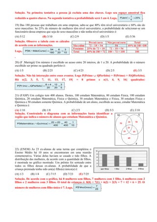 Solução. Na primeira tentativa a pessoa já excluiu uma das chaves. Logo seu espaço amostral fica
reduzido a quatro chaves. Na segunda tentativa a probabilidade será 1 em 4. Logo, ( ) %25
4
1
abrirP →= .
19) Das 180 pessoas que trabalham em uma empresa, sabe-se que 40% têm nível universitário e 60% são do
sexo masculino. Se 25% do número de mulheres têm nível universitário, a probabilidade de selecionar-se um
funcionário dessa empresa que seja do sexo masculino e não tenha nível universitário é:
(A) 5/12 (B) 3/10 (C) 2/9 (D) 1/5 (E) 5/36
Solução. Observe a tabela com os cálculos
de acordo com as informações.
Logo, ( )
10
3
20
6
180
54
NãoCursoMP ===∩
.
20) (F .Maringá) Um número é escolhido ao acaso entre 20 inteiros, de 1 a 20. A probabilidade de o número
escolhido ser primo ou quadrado perfeito é:
(A) 1/5 (B) 2/25 (C) 4/25 (D) 2/5 (E) 3/5
Solução. Não há interseção entre esses eventos. Logo P(Primo ∪ QPerfeito) = P(Primo) + P(QPerfeito).
Há n{2, 3, 5, 7, 11, 13, 17, 19} = 8 primos e n{1, 4, 9, 16} quadrados:
( )
5
3
20
12
20
48
QPerfeitoimoPrP ==
+
=∪ .
21) (FASP) Um colégio tem 400 alunos. Destes, 100 estudam Matemática, 80 estudam Física, 100 estudam
Química, 20 estudam Matemática, Física e Química, 30 estudam Matemática e Física, 30 estudam Física e
Química e 50 estudam somente Química. A probabilidade de um aluno, escolhido ao acaso, estudar Matemática
e Química é:
(A) 1/10 (B) 1/8 (C) 2/5 (D) 5/3 (E) 3/10
Solução. Construindo o diagrama com as informações basta identificar a
região que indica o número de alunos que estudam Matemática e Química.
( )
10
1
400
40
400
2020
QuímicaMatemáticaP ==
+
=∩ .
22) (ENEM) As 23 ex-alunas de uma turma que completou o
Ensino Médio há 10 anos se encontraram em uma reunião
comemorativa. Várias delas haviam se casado e tido filhos. A
distribuição das mulheres, de acordo com a quantidade de filhos,
é mostrada no gráfico mostrado. Um prêmio foi sorteado entre
todos os filhos dessas ex-alunas. A probabilidade de que a
criança premiada tenha sido um(a) filho(a) único(a) é:
(A) 1/3 (B) 1/4 (C) 7/15 (D) 7/23 (E) 7/25
Solução. De acordo com o gráfico, há 8 mulheres sem filhos, 7 mulheres com 1 filho, 6 mulheres com 2
filhos e 2 mulheres com 3 filhos. O total de crianças é: 8(0) + 7(1) + 6(2) + 2(3) = 7 + 12 + 6 = 25. O
número de mulheres com filho único é 7. Logo, ( ) 25
7
FilhoÚnicoP = .
 