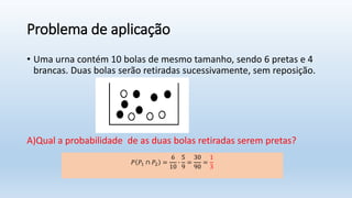 Problema de aplicação
• Uma urna contém 10 bolas de mesmo tamanho, sendo 6 pretas e 4
brancas. Duas bolas serão retiradas sucessivamente, sem reposição.
A)Qual a probabilidade de as duas bolas retiradas serem pretas?
𝑃 𝑃1 ∩ 𝑃2 =
6
10
∙
5
9
=
30
90
=
1
3
 
