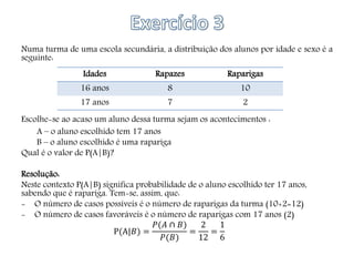 Numa turma de uma escola secundária, a distribuição dos alunos por idade e sexo é a
seguinte:
Escolhe-se ao acaso um aluno dessa turma sejam os acontecimentos :
A – o aluno escolhido tem 17 anos
B – o aluno escolhido é uma rapariga
Qual é o valor de P(A|B)?
Resolução:
Neste contexto P(A|B) significa probabilidade de o aluno escolhido ter 17 anos,
sabendo que é rapariga. Tem-se, assim, que:
- O número de casos possíveis é o número de raparigas da turma (10+2=12)
- O número de casos favoráveis é o número de raparigas com 17 anos (2)
P(A|𝐵) =
𝑃(𝐴 ∩ 𝐵)
𝑃(𝐵)
=
2
12
=
1
6
Idades Rapazes Raparigas
16 anos 8 10
17 anos 7 2
 