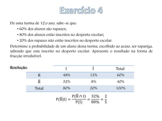 De uma turma de 12.o ano, sabe-se que:
• 60% dos alunos são rapazes;
• 80% dos alunos estão inscritos no desporto escolar;
• 20% dos rapazes não estão inscritos no desporto escolar.
Determine a probabilidade de um aluno dessa turma, escolhido ao acaso, ser rapariga,
sabendo que esta inscrito no desporto escolar. Apresente o resultado na forma de
fracção irredutível.
Resolução:
P(R|I) =
P(R ∩ I)
P(I)
=
32%
80%
=
2
5
I I Total
R 48% 12% 60%
R 32% 8% 40%
Total 80% 20% 100%
 