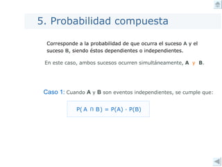 En este caso, ambos sucesos ocurren simultáneamente,  A  y   B . 5. Probabilidad compuesta Corresponde a la probabilidad de que ocurra el suceso  A  y el suceso  B , siendo éstos dependientes o independientes. Caso 1:   Cuando  A  y  B  son eventos independientes, se cumple que: U A B P(  ) = P(A)  · P(B) A  B U 