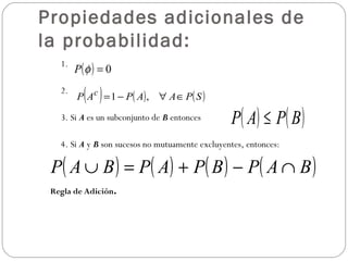 Propiedades adicionales de la probabilidad: <ul><ul><ul><li>1. </li></ul></ul></ul><ul><ul><ul><li>2.  </li></ul></ul></ul...