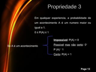 Em qualquer experiencia, a probabilidade de
                    um acontecimento A é um numero maior ou
                    igual a 1.
                    0 ≤ P(A) ≤ 1

                                   Impossível: P(A) = 0

Se A é um acontecimento            Possível mas não certo: 0˂
                                   P (A) ˂ 1
                                   Certo: P(A) = 1



                     Powerpoint Templates
                                                          Page 13
 