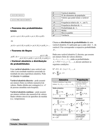 X                              Variável aleatória
  p ( A | B ) = ( A)
               p
                                                               N                              Nº de elementos da população
                                                                xi                            Valores que pode tomar a variável
  p ( A ∩ = ( A) ×( B )
        B) p      p
                                                                                              X
                                                                 fri                          Frequência relativa de x i , em %
                                                                 fi                           Frequência absoluta de x i
• Teorema das probabilidades                                    pi                            Probabilidade de x i
totais                                                         μ, x                           Média
                                                               σ                              Desvio-padrão
p ( A) = p ( A | B ) × p ( B ) + p ( A | B ) × p ( B )         σ2                             Variância

ou
                                                                   Chama-se distribuição de probabilidades de uma
 p( A) = p ( A | B1 ) × p ( B1 ) + p( A | B2 ) × p ( B2 ) + ... + pvariável × p ( Bn ) X à aplicação que a cada valor x i da
                                                                   ( A | Bn ) aleatória
                                                                   variável X faz corresponder a respectiva probabilidade
                                                                    pi .
• Teorema de Bayes

                                                  p( A ∩ B)
                                                               Dada uma variável aleatória X, discreta, que assume
p ( B | A) =                                                           um número finito de valores distintos
               p ( A | B1 ) × p ( B1 ) + p ( A | B2 ) × p ( B2 ) + ... + p,( x | ,..., × p ( Bn x
                                                                       x A Bn ) x ,..., )
                                                                   1        2              , então as probabilidades
                                                                                               i                 n
• Variável aleatória e distribuição                             p i = P ( X = x i ) , i = 1, …, n, devem satisfazer as
de probabilidades                                              seguintes condições:

Uma variável aleatória é uma variável cujo                     1.º - 0 ≤ p i ≤ n, i = 1, …, n
valor é um resultado numérico associado ao                                   n

resultado de uma experiência aleatória. Pode                   2.º -       ∑p
                                                                            i =1
                                                                                          i   =1
ser discreta ou contínua:

Variável aleatória discreta – pode assumir                                          Amostra                               População
                                                               Variável estatística X que toma                           Variável aleatória X
um número finito ou infinito numerável de                                                                                que toma valores
                                                               valores x1 , x 2 ,..., x i ,..., x n
valores. Dados obtidos por contagem (i.e.: nº                                                                            x1 , x 2 ,..., xi ,..., x n
de pessoas atendidas num hospital).                            Média aritmética                                          Valor médio ou
                                                                            n                                            esperança
Variável aleatória contínua – pode assumir                                 ∑x         i   × ni         n
                                                                                                                                n
                                                                                                                         µ = ∑ xi × p i
um número infinito não numerável de valores.                    x=         i =1
                                                                                                   = ∑ xi × fri                i =1
Dados obtidos através de aparelhos de medida                                          N               i =1

(i.e.: temperatura).                                           Variância amostral                                        Variância
                                                                                n                                        populacional
                                                                            ∑x            2
                                                                                              × ni                                  n

                                                                                                                 fr = ∑ x
                                                                                          i
                                                                                                     − x = ∑ x × σ i − x 2 = i × pi − µ
                                                                                                                   2         2          2
                                                                σ =2         i =1                            2       2
                                                                                                                     i
                                                                                          N                                      i =1
                                                                                                                         Ou
                                                                       n
                                                                        ( x i − x ) 2 × ni     n                   n
                                                                   ∑
                                                                   i =1         N
                                                                                           = ∑ ( x i − x )σ × = i∑ ( xi − µ ) 2 × pi
                                                                                             i =1
                                                                                                          2 2
                                                                                                              fr
                                                                                                                 i =1
                                                               Desvio-padrão amostral                                    Desvio-padrão
                                                                                                                         populacional
                                                                σ= σ              2


Notação                                                                                                                 σ = σ2


Notação Descrição
 