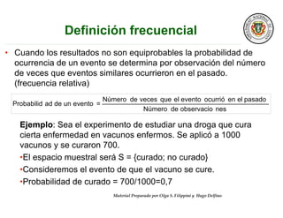 Material Preparado por Olga S. Filippini y Hugo Delfino
• Cuando los resultados no son equiprobables la probabilidad de
ocurrencia de un evento se determina por observación del número
de veces que eventos similares ocurrieron en el pasado.
(frecuencia relativa)
nesobservaciodeNúmero
pasadoelenocurrióeventoelquevecesdeNúmero
=eventoundeadProbabilid
Ejemplo: Sea el experimento de estudiar una droga que cura
cierta enfermedad en vacunos enfermos. Se aplicó a 1000
vacunos y se curaron 700.
•El espacio muestral será S = {curado; no curado}
•Consideremos el evento de que el vacuno se cure.
•Probabilidad de curado = 700/1000=0,7
 