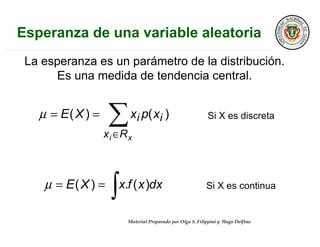 Material Preparado por Olga S. Filippini y Hugo Delfino
La esperanza es un parámetro de la distribución.
Es una medida de tendencia central.
i
Rx
i xpxXE
xi ∈
==µ
== dxxfxXEµ
Si X es discreta
Si X es continua
 